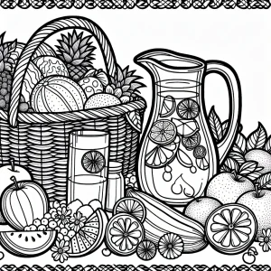 Summer picnic scene with fruit basket and lemonade pitcher