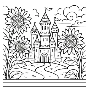 Sunflower Giant Castle coloring page featuring an enchanted realm with giant sunflowers forming a magical castle, free to print and color