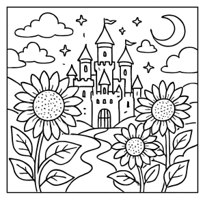 Sunflower Giant Castle coloring page featuring an enchanted fantasy castle made of sunflowers, printable and free for kids and adults.