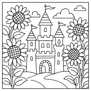 Sunflower giant castle coloring page featuring a magical castle in an enchanted realm for kids to print and color