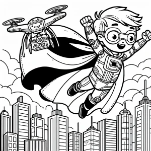 Superhero kid flying with a drone sidekick over skyscrapers coloring page