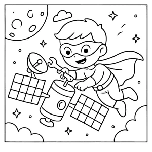 Superhero kid repairing satellite coloring page with space background, printable for children