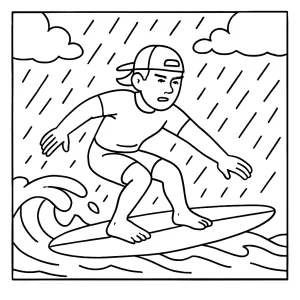 Surfing athlete riding a wave in the rain coloring page for free printable fun