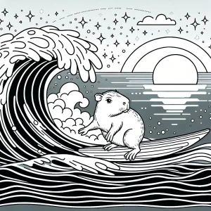 Capybara surfing on a glowing wave at sunset