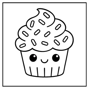 Sweet kawaii cupcake with sprinkles coloring page for kids to print and color