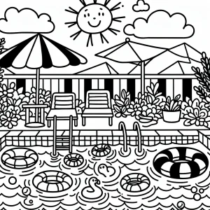 A swimming pool with floaties and splashing water