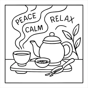 Tea ceremony still-life with steam forming calming mantras coloring page