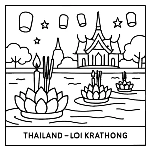 Loi Krathong Thailand river lights coloring page with floating lanterns and krathongs on the water, printable for kids