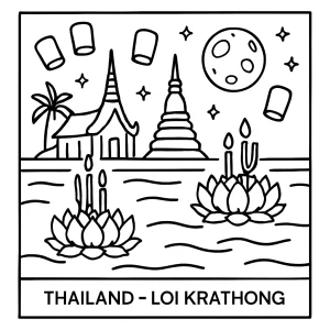 Loi Krathong river lights coloring page with floating lanterns on a river in Thailand, printable for kids