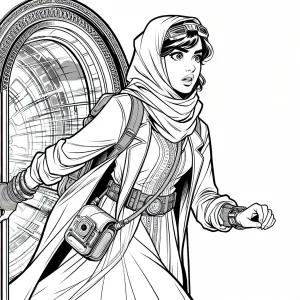 Time-travel explorer with gadget watch stepping out of a portal coloring page