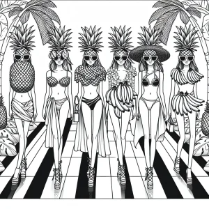 Models wearing pineapple sunglasses and banana hats on a tropical fashion runway coloring page