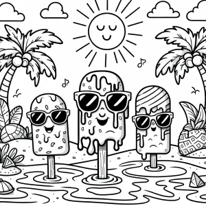 Melting tropical popsicle characters with sunglasses under the sun