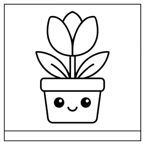 Kawaii tulip in a pot coloring page for kids, printable and free