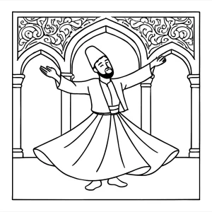 Printable coloring page with a Turkish whirling dervish spinning under ornate archways