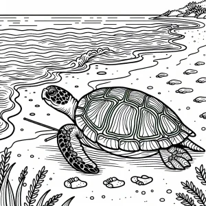 Turtle walking on a sandy beach with waves and seashells