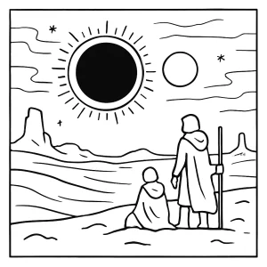 Twin star eclipse desert planet coloring page with traveler silhouettes, printable and free for kids and adults.
