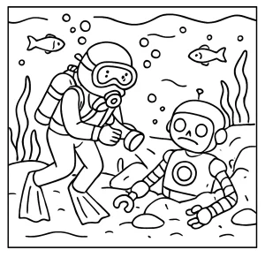 Underwater archaeologist discovering lost robot coloring page, printable and free for kids
