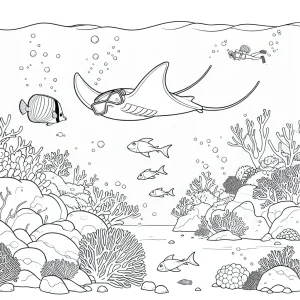 Snorkeler exploring a coral reef with a friendly manta ray