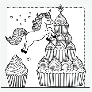 Unicorn jumping out of a tower of cupcakes coloring page