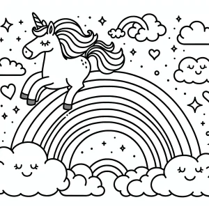 Unicorn leaping over colorful rainbow clouds coloring page