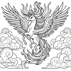 Unicorn phoenix with fiery rainbow wings flying above clouds