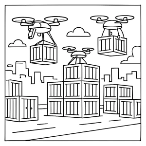 Urban cargo drone swarm stacking shipping containers at port coloring page, free printable