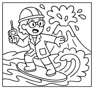 Volcano scientist surfing lava coloring page for kids to print and color