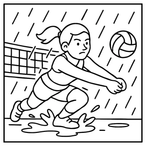 Volleyball athlete rainy challenge coloring page for kids to print and color