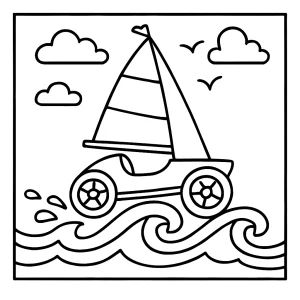 Wave-Skipping Sail Car coloring page showing a sail car gliding over ocean waves