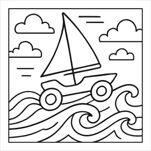 Wave-skipping sail car coloring page for kids to print and color