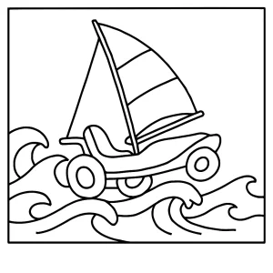 Wave-Skipping Sail Car coloring page showing a sail car gliding over ocean waves, free printable for kids