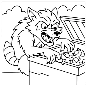 Were-raccoon dumpster diving for leftover candy comic coloring page