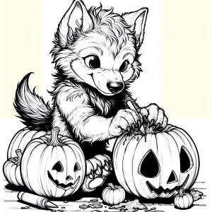 Werewolf cub carving jack-o'-lanterns coloring page