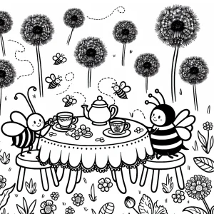 Bees having a tea party on a dandelion table coloring page