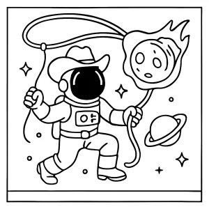 Wild West astronaut lassoing a comet coloring page, printable and free for kids