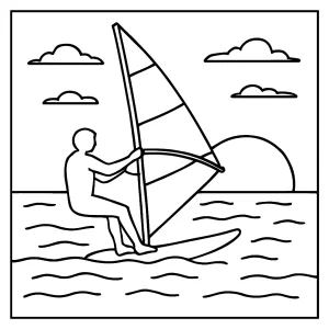 Windsurfing athlete sunset silhouette coloring page for free printing and coloring