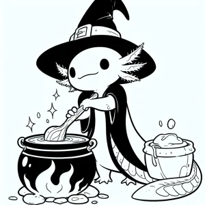 Witchy axolotl with hat stirring potion in cauldron