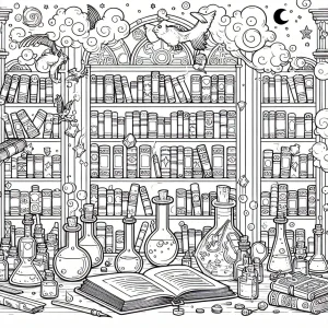 Wizard library filled with floating spellbooks and potions coloring page