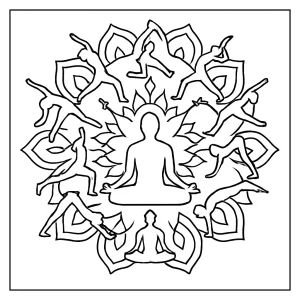 Yoga mandala silhouette coloring page showing yoga poses radiating from a seated figure, free printable for kids and adults.
