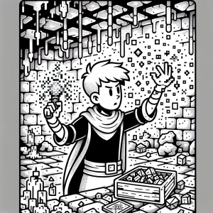 Young magician casting pixelated spells in a video-game dungeon coloring page