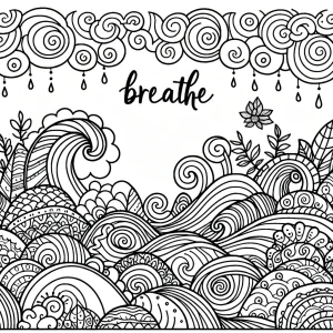 Zen doodle waves coloring page with hidden 'Breathe' affirmation