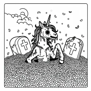 Página para colorear de unicornio zombi saliendo de tumba con confeti